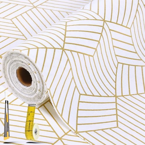 Drawer Liner Non-Slip 2-Layer Shelf Liners for Kitchen Cupboards-30x300cm | Gold Geometric Waterproof Cabinet Liner, Easy Cut for Wardrobe, Refrigerator, Countertop with Knife and Tape Measure