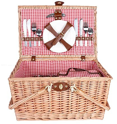 HAVVMK Picknickkorb Weide mit Besteck Picknickmatte Großer Picknickkorb für 4 Personen mit Klappgriffen 46X31x28cm