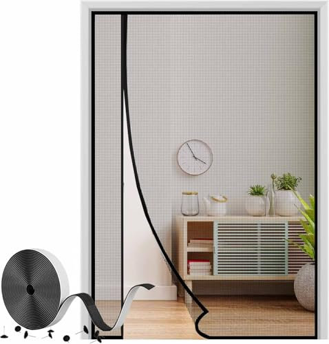 Porte Moustiquaire Magnétique, 135×195cm Noir Montage Facile à Coller Antimoustique Rideau Anti Moustique Rideau Kit d'installation Complet pour Couloirs, Portes, Patio