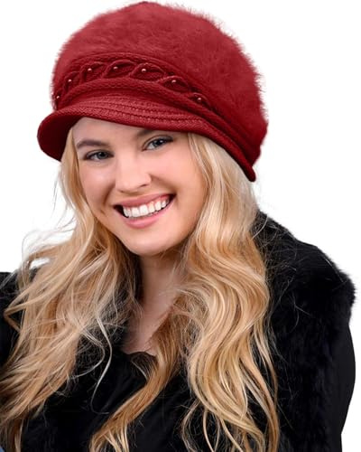 Yutdeng Baskenmütze Damen Winter - Gefütterte Strickmütze Mit Schirm, Wollmütze Fleece Barett, Wintermütze Strick Hut, Warme Herbst Hüte, Weich Beret Beanie