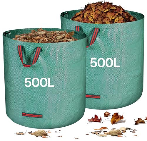 Zanfqvo Sacchi per Rifiuti da Giardino Resistenti, 2 x 500 l Sacchi Giardinaggio Riutilizzabili con Maniglie, Impermeabile Tessuto Industriale Sacco Raccogli per Foglie Erba, Rifiuti, Detriti