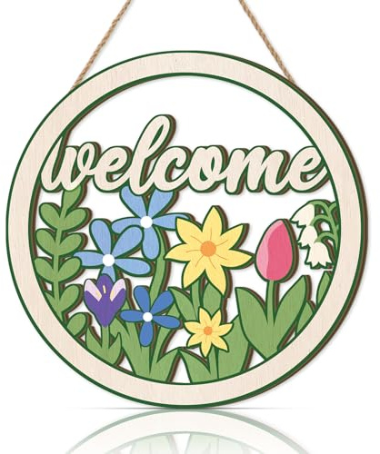 ANHUIB Spring Welcome Sign,Welcome Signs Front Door,Flower Welcome Wall Art,Garden Wooden Wall Art Decor,Home Decoration for Outdoor Porch Garden Gate Hanger,Farmhouse Decor,House Signs for Outside