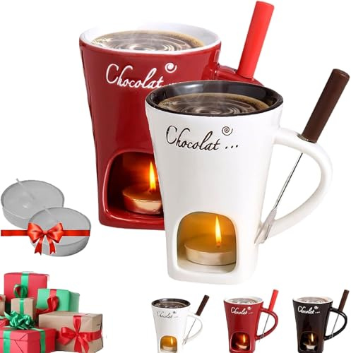 Fondue Cups Tealight, Fondue Mug, Chocolate Fondue Set, Fondue Mug Chocolate Melting Cup with Fork, Chocolate Fondue Cup for Cheese Caramel, Birthday & Wedding Gifts (2pcs-c)
