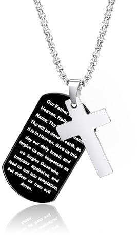 Gilieyer Kreuz Dog Tag Kette für Herren, Inspirierende Lord's Prayer/Bibelvers Anhänger mit 60 cm Boxkette Edelstahl Kreuz Halskette für Männer Personalisierte Schmuck (Lord's Prayer-2)