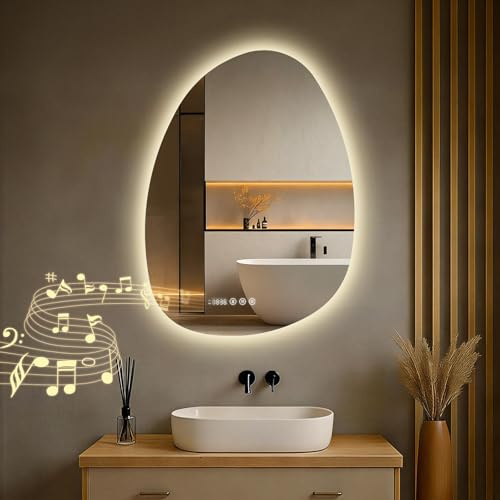 S'AFIELINA Badspiegel mit Beleuchtung 75 × 55 × 3,0 cm (H×B×T) Asymmetrisch Badezimmerspiegel mit Beleuchtung Asymmetrisch mit Touch, Antibeschlag, Uhr, Bluetooth, 3 Lichtfarben, Dimmfunktion, IP44