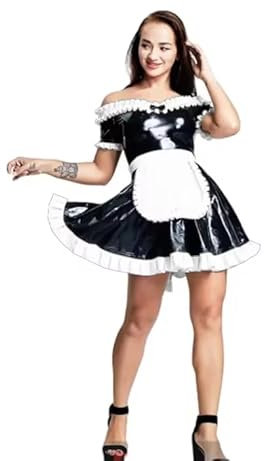 LIXIAAOOKWEDG Sissy Wetlook PVC Schleife Rüschen Kurzarm Hausfrau Kleid mit Schürze Hausfrau Uniformen Cosplay Kleid, Weiß, 4XL