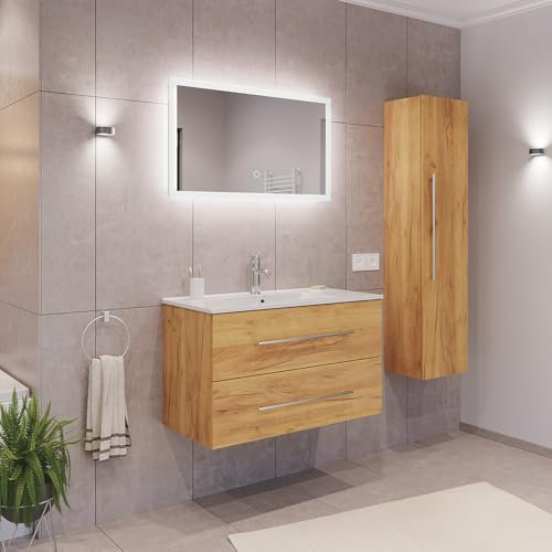Lomadox Badezimmermöbel Badmöbel Set 2-teilig, Waschtisch Waschplatz 90cm breit mit Waschbecken, 2 Softclose-Schubladen und LED Spiegel, in Eiche