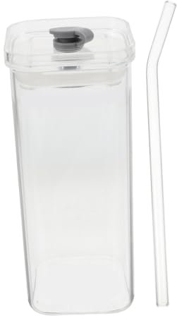 Cabilock Vaso Cuadrado de Vidrio con Tapa y Pajita 350ml Transparente