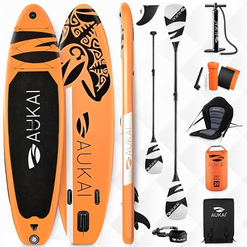 AUKAI SUP Board PRO 320cm | 2in1 Aufblasbares Stand up Paddle Set mit Kajak-Sitz | 5 Jahre Garantie | Komplettsett | Sitz, Action-Cam-Halterung, Fußschlaufe, Pumpe, Rucksack (Ocean-Orange mit Sitz)