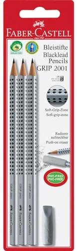 Faber-Castell 117197 - Bleistiftset GRIP 2001 mit Gummi-Tip, Schaftfarbe: silber, Bleistifte mit Radiergummikappe zum Schutz der Bleistiftmine (3 Bleistifte 2B + Radierkappe)