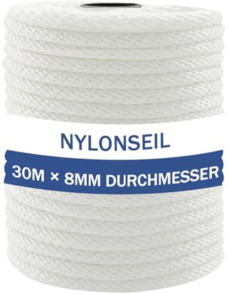 NQ Nylonseil 30m x 8mm Durchmesser, hochreißfestes Tauwerk aus Nylon, wetterfest und UV-beständig, ideal für Camping, Outdoor, Haushalt und Handarbeit DIY (Weiß)