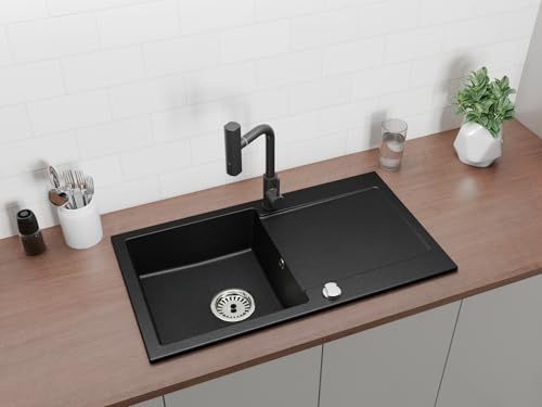 Faizee Home | Granitspüle 90x50 cm – Reversibles Spülbecken mit Abtropffläche inkl. Siphon & Drehexzenter | Kratzfest, hitzebeständig & für 45 cm Unterschränke (Aqua Twist, Schwarz Gesprenkelt)