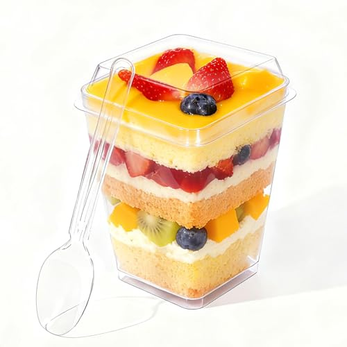 Fracurs 60 Piezas Vasitos para postres con Cucharas y Tapa 5oz/160ml Vasos para Postres de Plástico Cuadrados Reutilizables Cuencos Aperitivos para Pudín, Helado, Mousse, Fiestas y Buffets