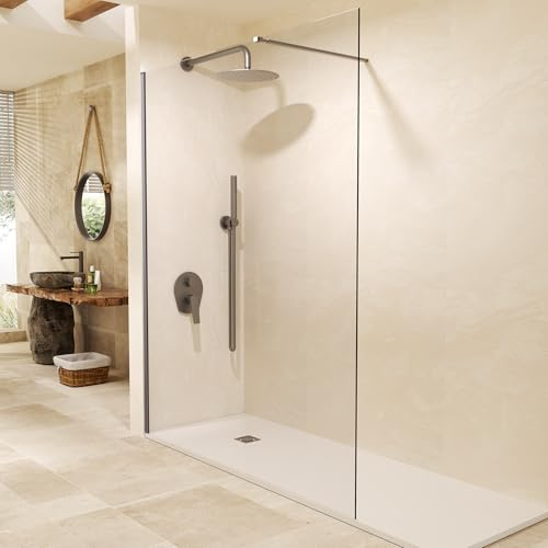 IMEX - Mampara Ducha Fija Negra 100cm Frontal con Brazo de Sujeción | Mampara de Cristal Antical y Perfilería de Aluminio con 200cm de Altura | Vidrio con Grosor 8mm y Sistema de Montaje Fácil