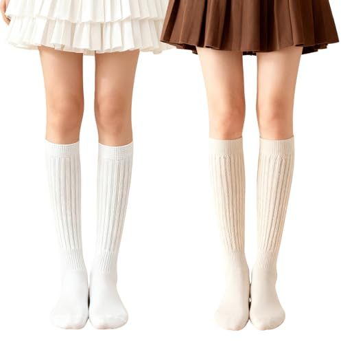2 Pairs Knee High Socks,Long Scrunch Socks Womens Ribbed Slouch Soft Warm Cotton Women'S Length Slouchy Thick Calf Sock Knee-High Breathable Roll Knit Cable Wide White Khaki,for Women Girly Boots