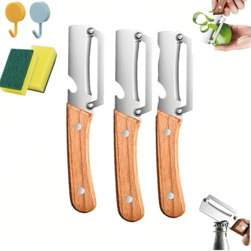 3 pelapatate multifunzione 2 in 1, in acciaio inox, con apribottiglie e manici ergonomici antiscivolo, per sbucciare frutta e verdura