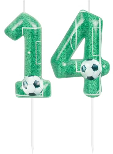 Vela de Cumpleaños Número 14 Diseño Fútbol, Vela Decorativa para Tarta de Hierba Verde con Balón de Fútbol, Decoración de Pastel para Fiesta Infantil Temática Fútbol 14 Años