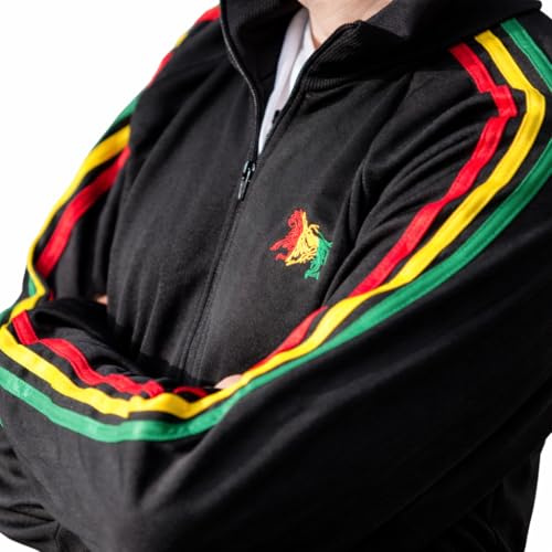 SAVARI Veste de sport Rasta avec fermeture éclair - Sweat Track Jacket noir avec lion de Juda brodé et rayures tricolores (vert, jaune, rouge) - Style rétro Reggae unisexe