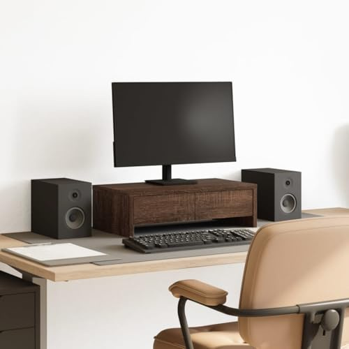 Ziaphsol Monitorstativ med lådor, brunt ekutseende av trämaterial 50 x 27 x 15 cm, dubbelt skrivbordsfäste för arbetsplatsen, ordning och förvaringsutrymme