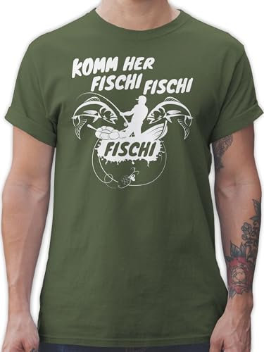 T-Shirt Herren - Angler Geschenke & Angeln Zubehör - Komm her Fischi - L - Army Grün - fischen-t-Shirt Oberteil mit Spruch sprüche Fisch Shirt angelbekleidung spruchshirts sprueche Fische