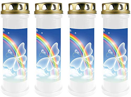 HS Candle Grabkerze - 4er Pack - (Weiß) Grablicht ca. 4 Tage Brenndauer je Kerze - Motiv: Regenbogen 2