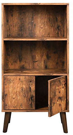 VASAGLE Librería rústica, Estantería de Almacenamiento de 3 Niveles, con Puertas, para Libros, Fotos, decoración en Sala de Estar, Oficina, Biblioteca, Estilo Moderno de Mediados de Siglo, marrón