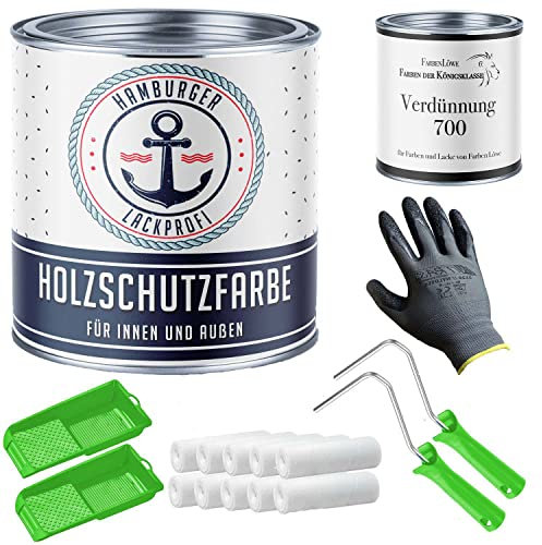 Hamburger Lack-Profi PU Holzschutzfarbe GLÄNZEND Smaragdgrün RAL 6001 Grün Wetterschutzfarbe Holzfarbe Holzlack - PU verstärkt & UV-beständig + Lackier-SET (X300) & Verdünnung (1 L) (10 L)