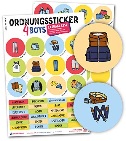 Typographus - 68 klädklistermärken lämpliga för barn - för garderober, lådor och möbler - få ordning i barnrummet | För pojkar | Dekaler för utförsäljning, lärande, förvaring