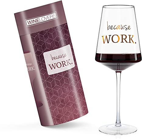 ILP GMBH I LOVE PRODUCTS Weinglas because WORK 750 ml Goldaufdruck | Weinglas mit Stiel und beständigem Aufdruck, in Colourbox-Geschenkverpackung, Geschenk für Weinliebhaber und Kollegen
