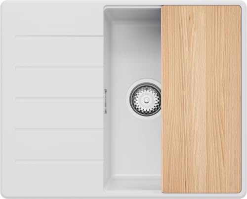 PRIMAGRAN Evier d'angle en Granit au Meuble 45cm + Kit de Vidage, 62x50cm | Set: Kit de Vidage (Siphon, bonde d’évacuation, trop-plein) + Planche à Découper + Lavabo Cuisine 1 Bac - Copenhague, Blanc