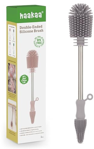 haakaa Dual-Ended Silicone Baby Bottle & Teat Cleaning Brush,Grey | BPA-free Silicone Bristles for Breast Pump Parts, Milk Collectors, Reusable Straws & Sippy Cups