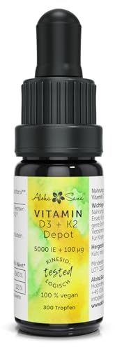 Aloha Sana | Vitamin D3 K2 hochdosiert in Tropfen | 5000 i.e Vitamin-D3 und 100ug K2 | Vit. D und Vitamin K2 mk7 im Ultraviolettglas | Nahrungsergänzungsmittel vegan