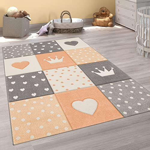 Paco Home Teppich Kinderzimmer Junge Mädchen Kinderteppich Spielteppich Kurzflor 3D Optik Pastell Punkte Herzen Krone, Grösse:160 cm Rund