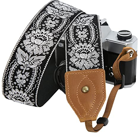 Padwa Lifestyle 2 Wide Classic Crazy Horse Art Cowhide Head Camera Strap - Jacquard Embroidery Floral Vintage Camera Straps for Photographers Gift, Adjustable Shoulder Neck Strap Fits DSLR Cameras