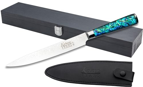 Katana Saya Pearl 20 cm Tranchiermesser – VG-10-Damaststahl mit hohem Kohlenstoffgehalt für extreme Robustheit und Schärfe – Acrylgriff mit Abalone-Muster