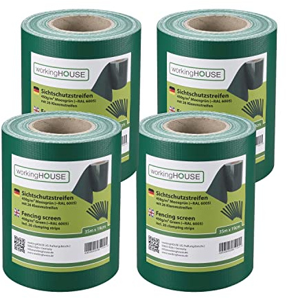 WORKINGHOUSE Sichtschutzstreifen Doppelstabmatten 450g/m² 4x35m Grün | Doppelstabmattenzaun & Zaun Sichtschutz, RAL 6005 – Standard 450g/m², wetterfest, inkl. Clips