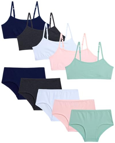 Rene Rofe Girls Underwear Set - 10 Piece Cotton Cami Bralette and Panty Set - Soft Girls Matching Bra and Panty Sets, Size 7-8, Rose/Charcoal Pack