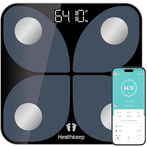 Digitale Personenwaagen Körperfettwaage, mit App Smart Waage, Bluetooth Körperanalysewaage mit für Körperfett, BMI, Muskelmasse, Protein, BMR, Schwarz 26cm*26cm