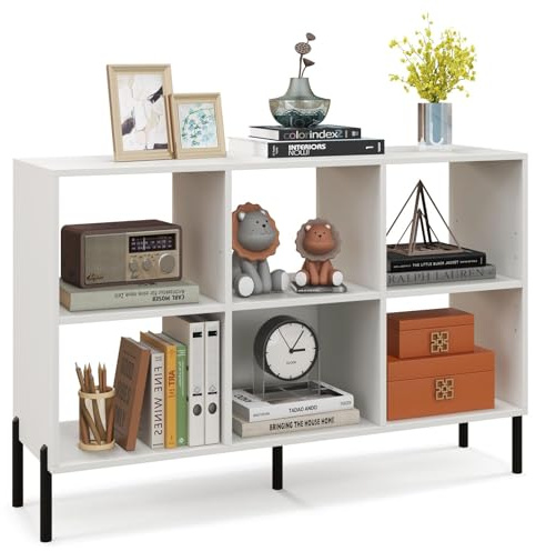 CASART 4/6-Cube Wooden Bookcase, 3 Tiers Open Bookshelf with Adjustable Shelves, Metal Legs & Anti-Topping Device, Freestanding Display Shelf for Living Room Bedroom Study (White, 120 x 35 x 78cm) | with Adjustable Shelves, Metal Legs & Anti-Topping Device, Freestanding Display Shelf for Living Room Bedroom Study