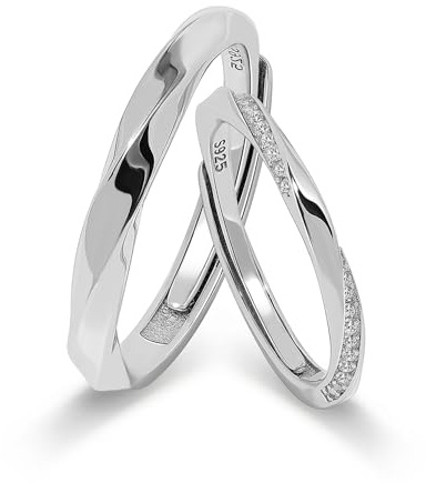 Meissa Bague Couple Argent 925 pour Hommes et Femmes Alliance Mariage pour couple Promesse Fiançailles Bague ajustable mariage Bijoux (Ensemble de deux bagues)