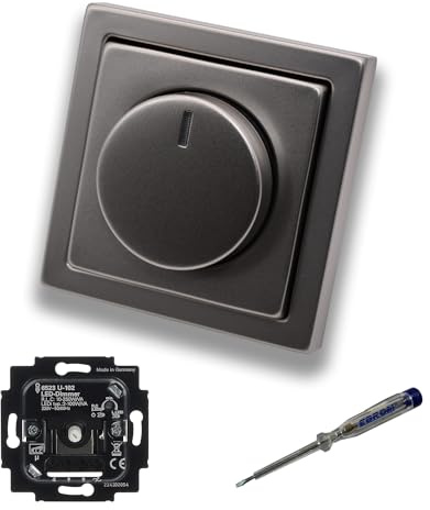 Busch Jäger 6523U-102 LED-Drehdimmer LED-Dimmer mit Dimmerscheibe Zentralplatte 6540-866-102 Einfachrahmen in PUR Edelstahl inklusive EBROM Phasenprüfer z. Montage des Dimmers 6523 U – 102