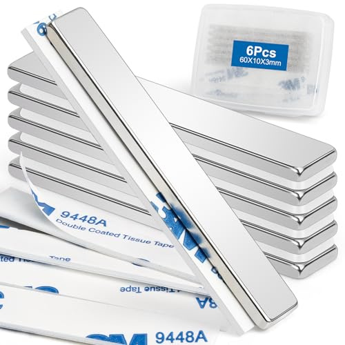 Wzone Adhesive Strong Magnets, 60×10×3mm | 6 Pack Flat Magnet Strips, Large Bar Magnet for Offices, Wooden Boards and Walls
