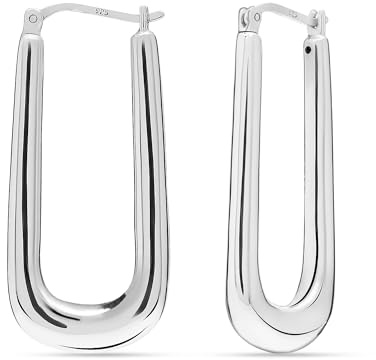 LeCalla 925 Sterling Silber Chunky Hoop Ohrringe für Frauen | Große Rechteck geformt Ohrring Hoops | Handmade Classic Oval texturiert Click-Top Big Creolen Earring für Frauen Geschenke