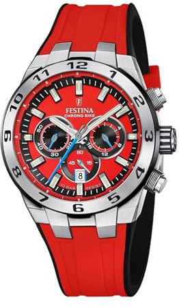 Festina Herrenuhr Analog aus Kautschuk Rot F20671/5 | Quarzwerk, Chronograph, Kalender, Widerstandsfähiges Mineralglas