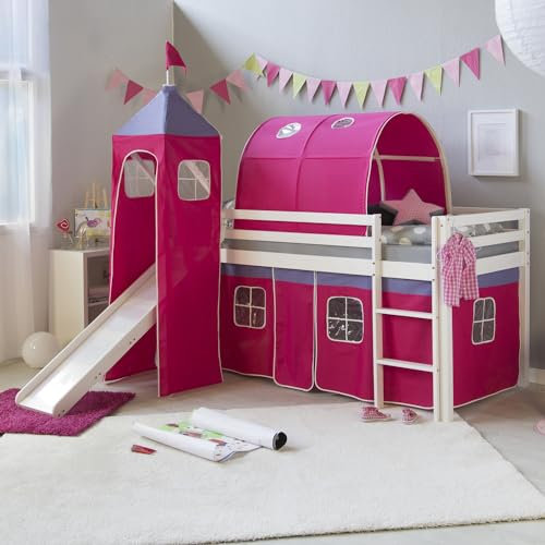 Homestyle4u 2585, Kinderhochbett Weiß 90 x 200 cm Holz Kiefer Hochbett pink mit Vorhang Turm Tunnel Matratze Lattenrost