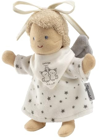 Sterntaler Spielpuppe zum Aufhängen, Schutzengel mit Halstuch, Motivdruck Sternzeichen Zwillinge, Geschenk Idee für Jungen und Mädchen