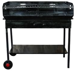 Barbecue a Legna e Carbonella in Ferro, con Ruote, Regolabile su 2 Altezze, Griglia in Acciaio, Ripiano poggia utensili (90x45 cm)