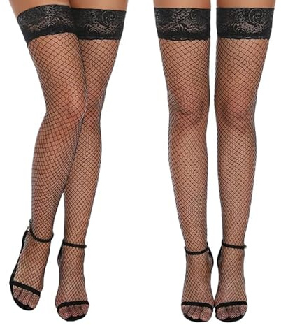 SULIVES Women Fishnet Stockings - Lace Thigh High Stockings with Anti-Skid Silicone, Silk Medium Net Hold Up for Women