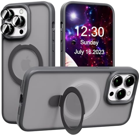 AKABEILA Case for iPhone 16 Case with 3 Pcs Camera Lens Protector Frosted Matte Phone Case Cover Wireless Charging Magnetic Ring Stand 6.1 Inch Grey