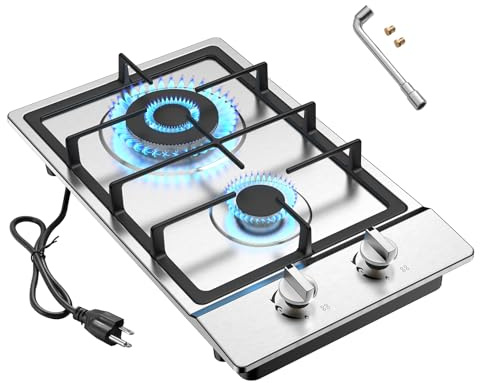Nafewin Gas Cooktop 2 Burner Propane Cooktop, Stainless Steel Propane Stove 12 inch, Bulit-in Gas Stove Top with Thermocouple Protection, Lpg/Ng Dual Fuel Drop-in Stove for Apartments, Outdoor, Rvs